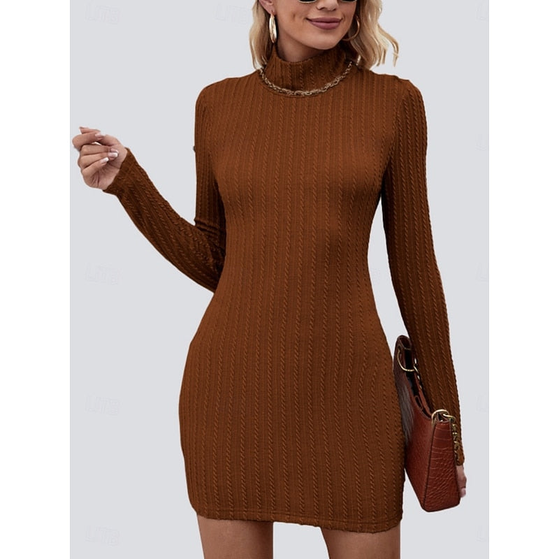 Women's Body Con Mini Dress | Turtleneck Long Sleeve Knit