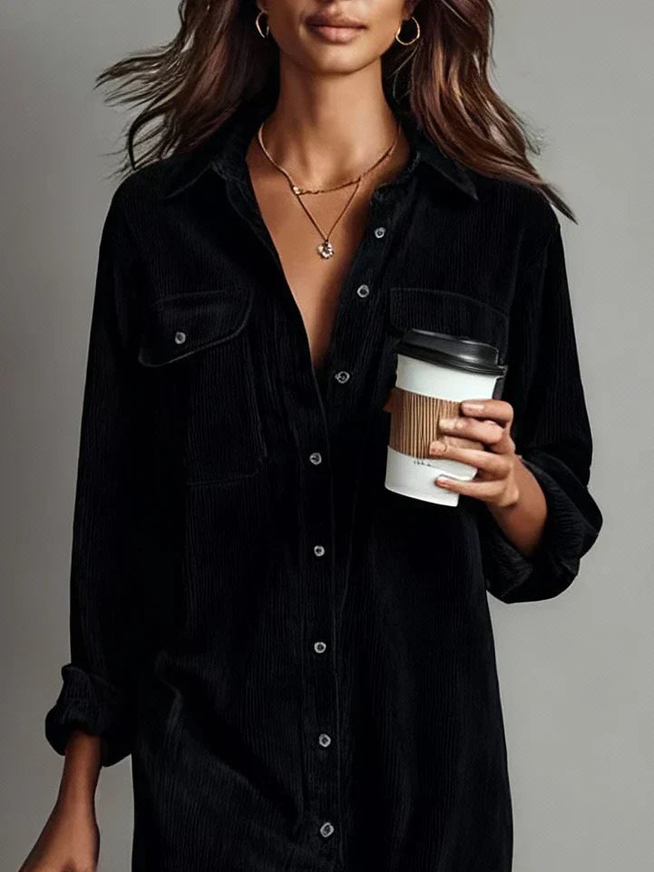Women's Day Dress | Corduroy Button-Up Collar Midi