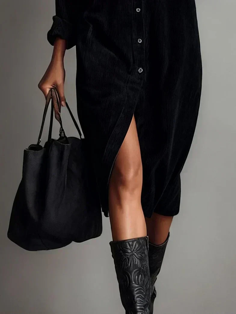 Women's Day Dress | Corduroy Button-Up Collar Midi
