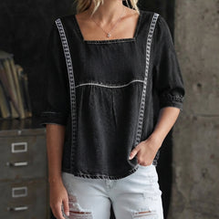Women's Lace Top | Square Neckline Three-Quarter Sleeve Denim