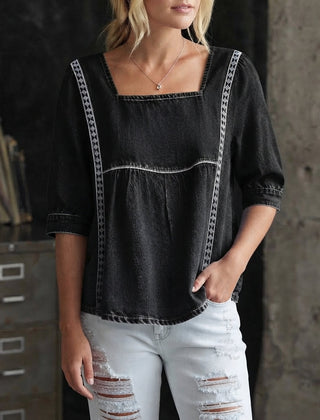 Women's Lace Top | Square Neckline Three-Quarter Sleeve Denim