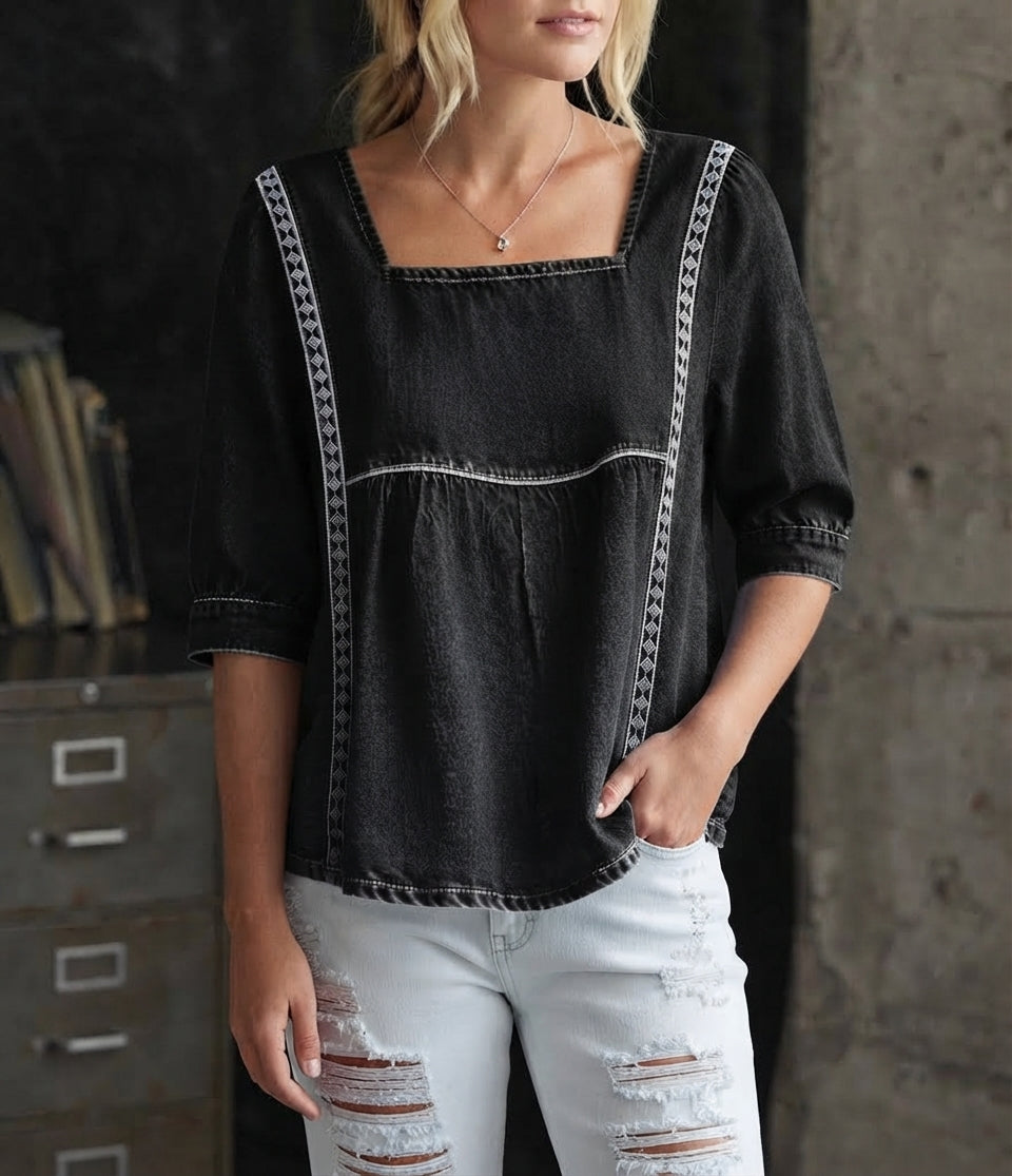 Women's Lace Top | Square Neckline Three-Quarter Sleeve Denim