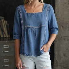 Women's Lace Top | Square Neckline Three-Quarter Sleeve Denim