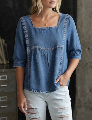 Women's Lace Top | Square Neckline Three-Quarter Sleeve Denim