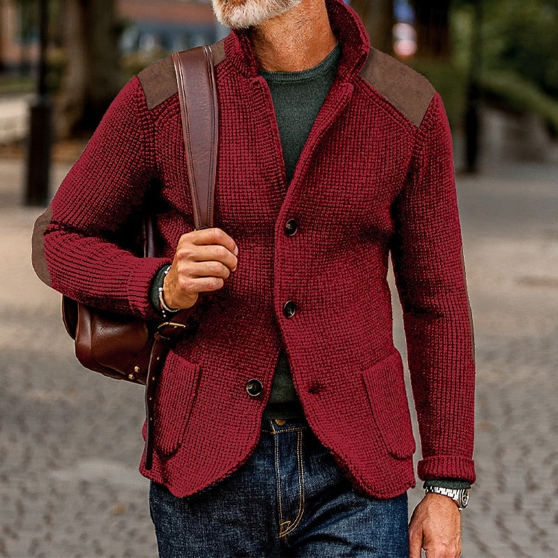 Men's Cardigan | Textured Knit Stand Collar Button Front