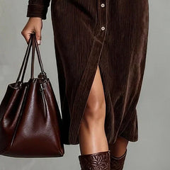 Women's Day Dress | Corduroy Button-Up Collar Midi