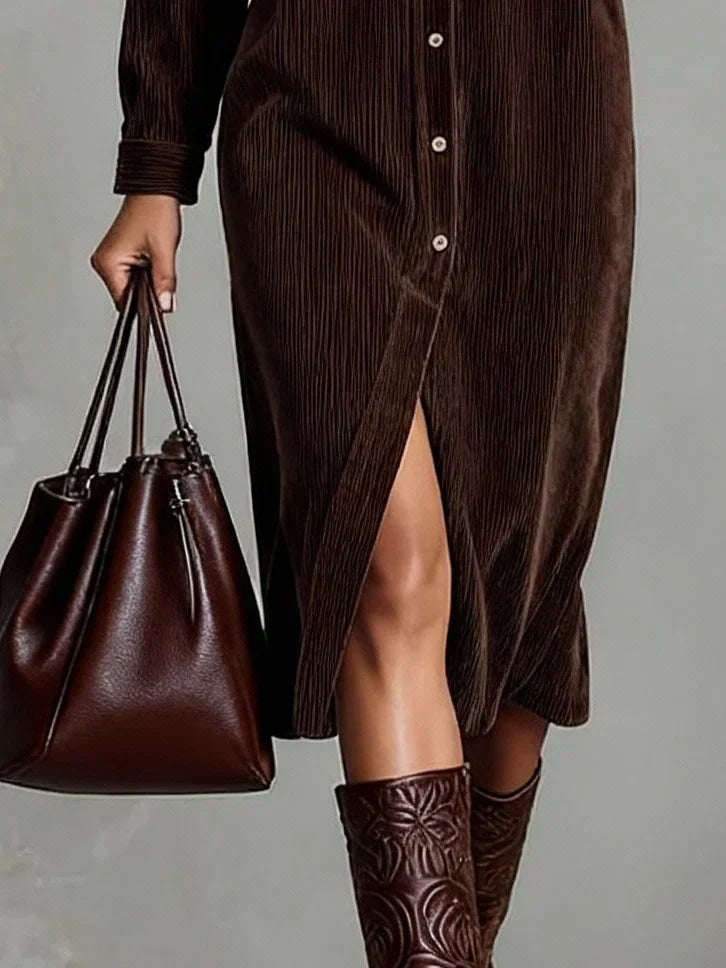 Women's Day Dress | Corduroy Button-Up Collar Midi