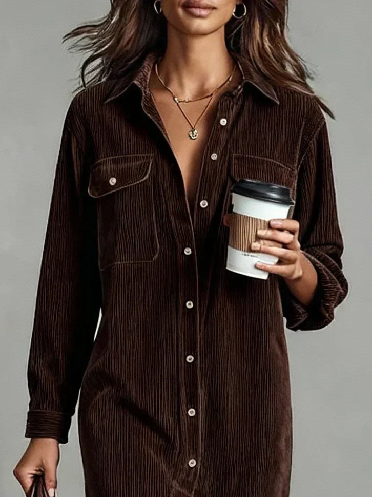 Women's Day Dress | Corduroy Button-Up Collar Midi
