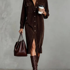 Women's Day Dress | Corduroy Button-Up Collar Midi