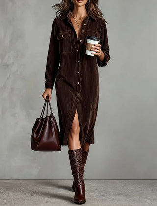 Women's Day Dress | Corduroy Button-Up Collar Midi