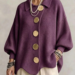 Women's Cardigan | Oversized Lantern Sleeves Scalloped Hem Button Closure