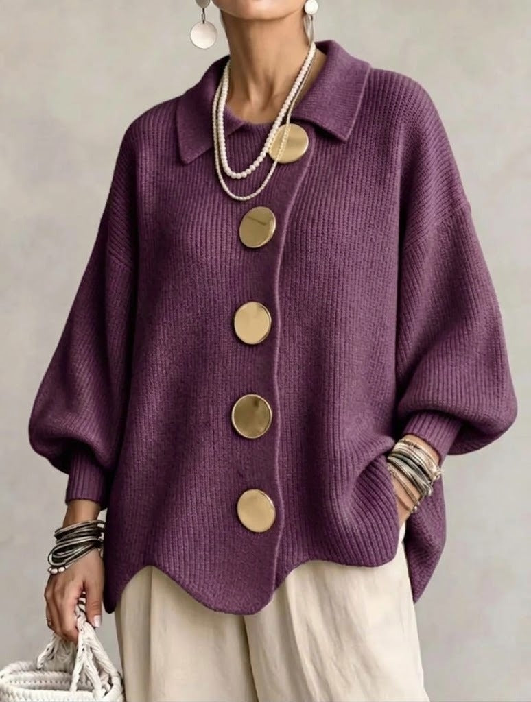 Women's Cardigan | Oversized Lantern Sleeves Scalloped Hem Button Closure