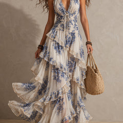 Women's Halterneck Dress | Maxi Ruffled Floral Tie Closure