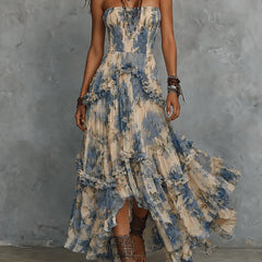 Women's Strapless Dress | Maxi Sweetheart Chiffon Ruffled