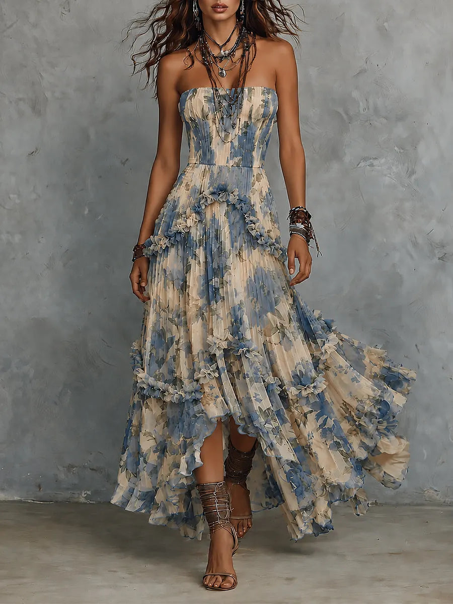 Women's Strapless Dress | Maxi Sweetheart Chiffon Ruffled