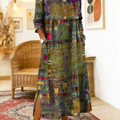Women's Denim Dress | Midi Length Round Neckline Patchwork Print