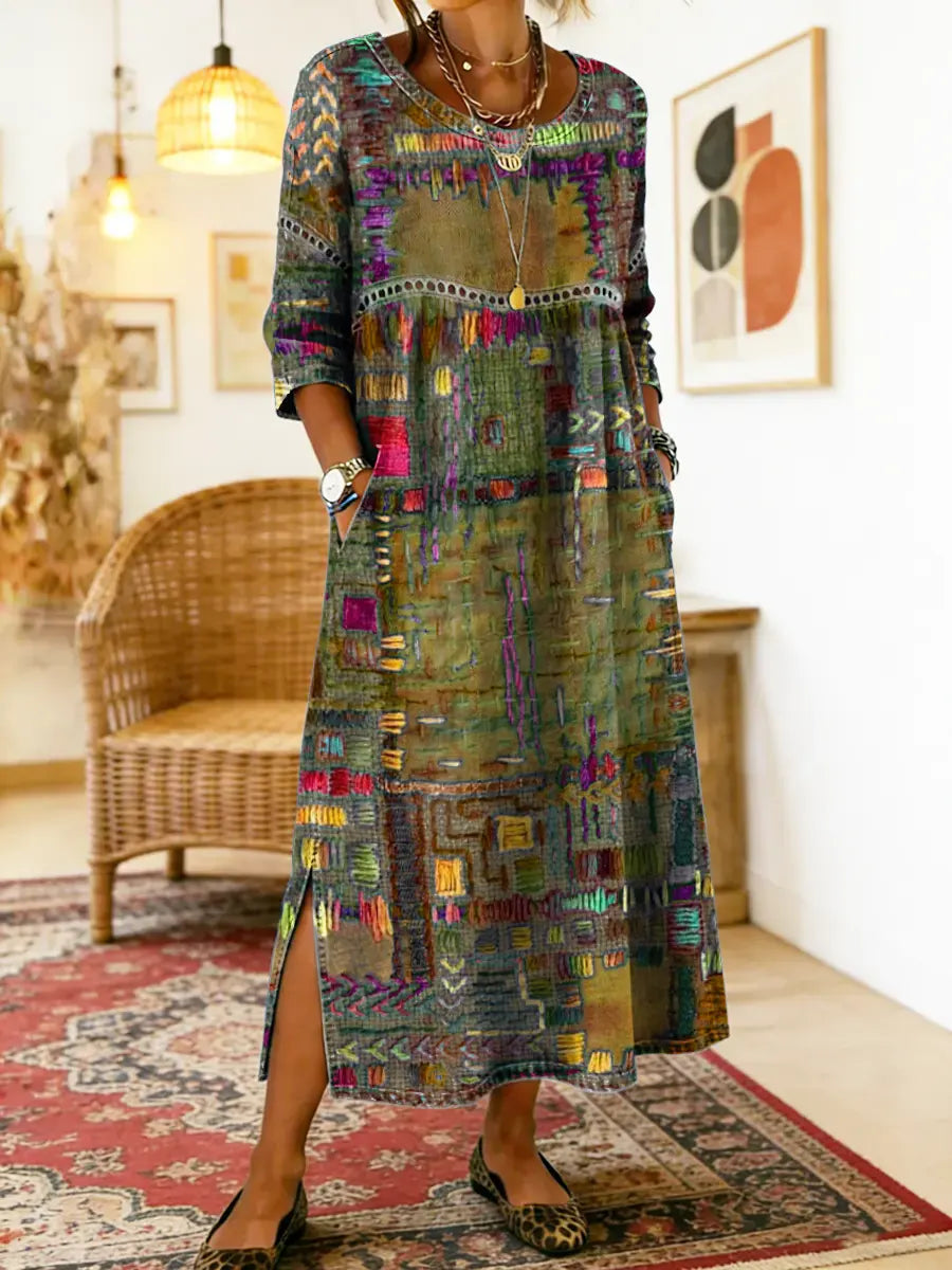 Women's Denim Dress | Midi Length Round Neckline Patchwork Print