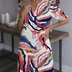 Women's Shift Dress | V-Neck Short Sleeve Printed