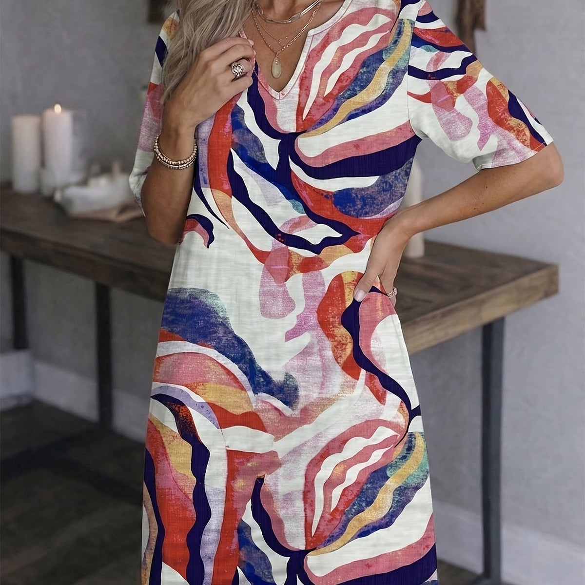 Women's Shift Dress | V-Neck Short Sleeve Printed