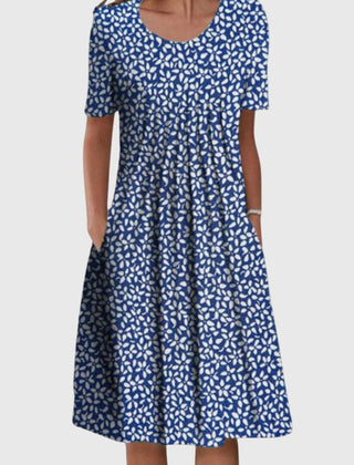Women's Smart Casual Dress | Midi Round Neck Floral Print Short Sleeve
