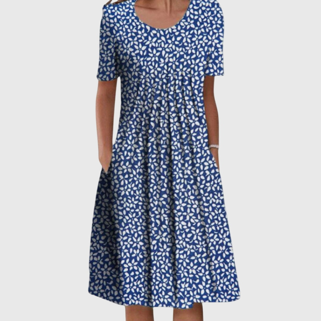 Women's Smart Casual Dress | Midi Round Neck Floral Print Short Sleeve