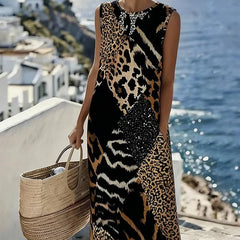 Women's Leopard Print Dress | Sleeveless Midi Patchwork Mixed Animal Print
