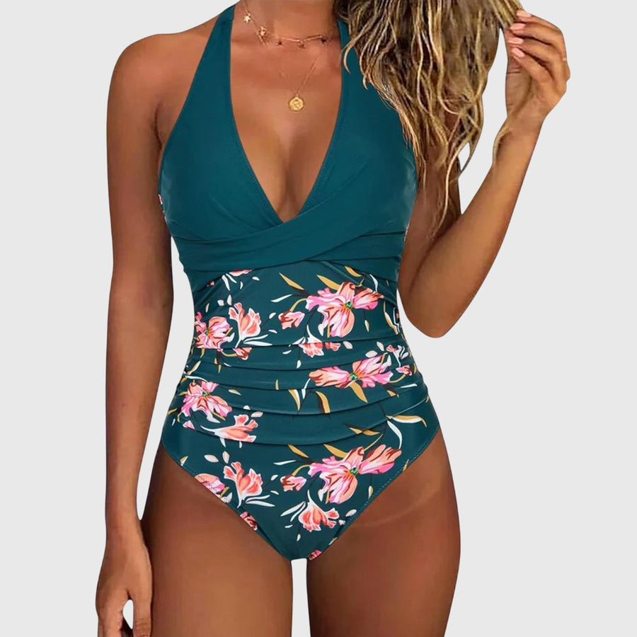 Women's Swimwear | Halter V-Neck Ruched Waist Floral Print