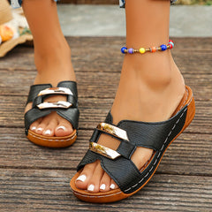 Women's Platform Slide | Open Toe Buckle Metallic Heel