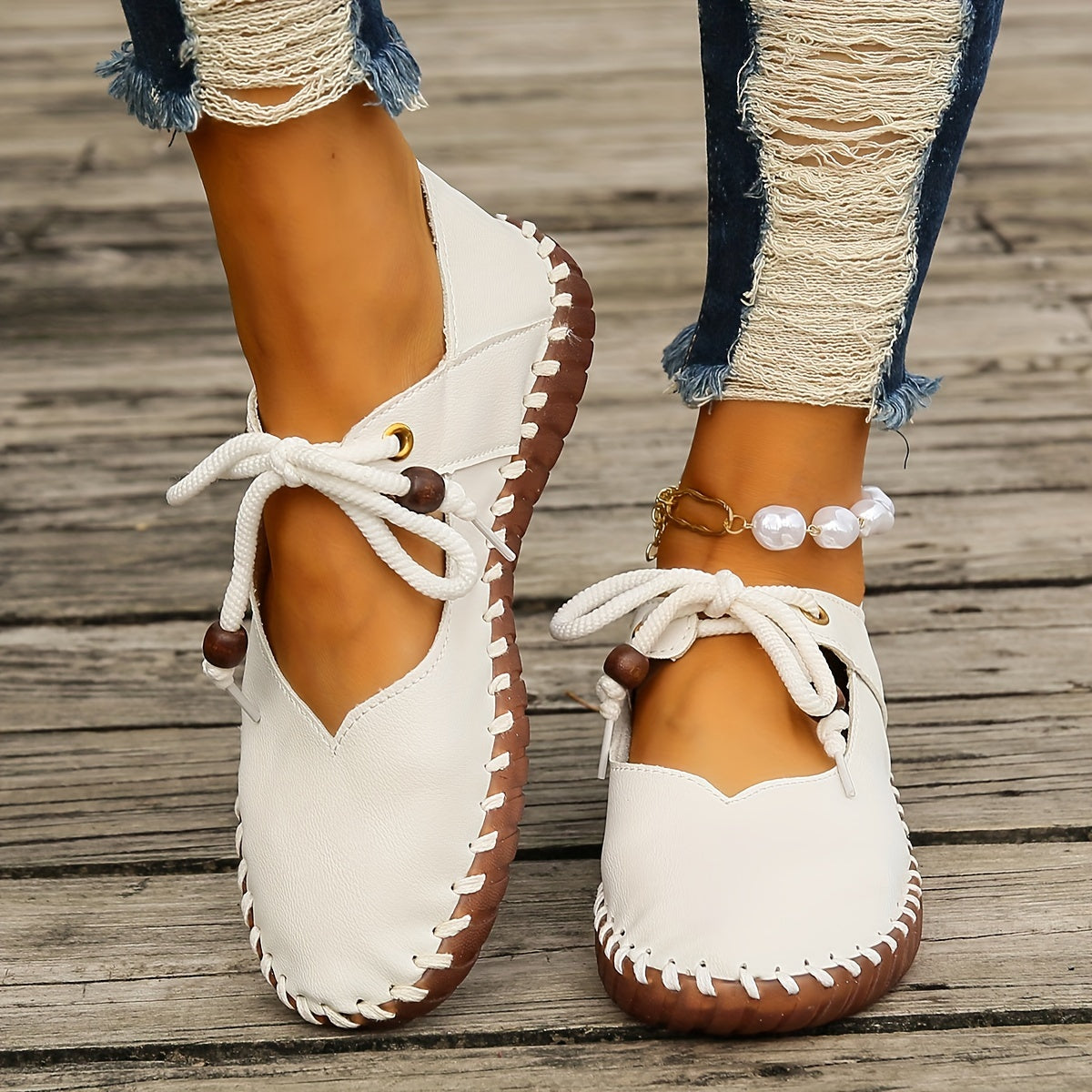 Women's Ballet Flats | Lace-Up Leather Casual