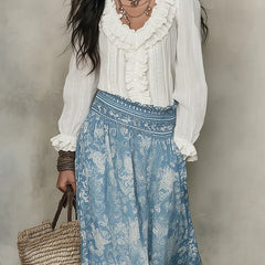 Women's Midi Skirt | Jacquard Print Elastic Waist Maxi Length