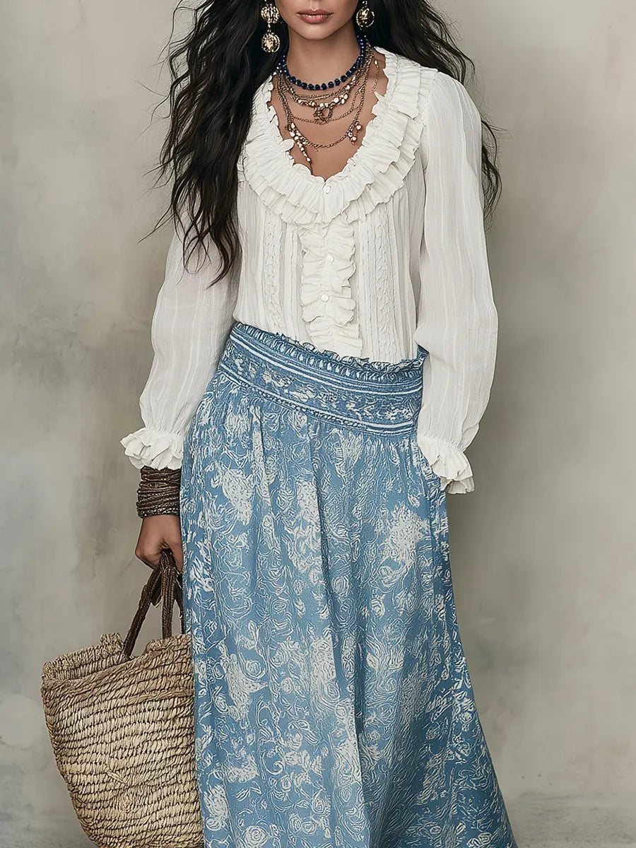 Women's Midi Skirt | Jacquard Print Elastic Waist Maxi Length