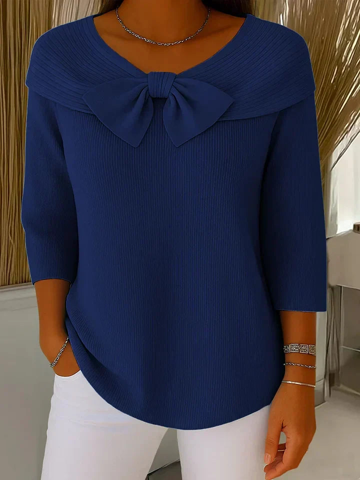 Women's Bow Sweater | V-Neck Three-Quarter Sleeve Knit