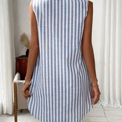 Women's Shirt Dress | V-Neck Sleeveless Mini Striped Button-Front