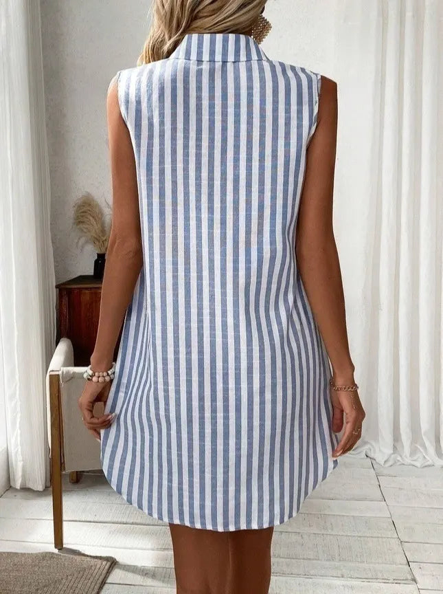 Women's Shirt Dress | V-Neck Sleeveless Mini Striped Button-Front