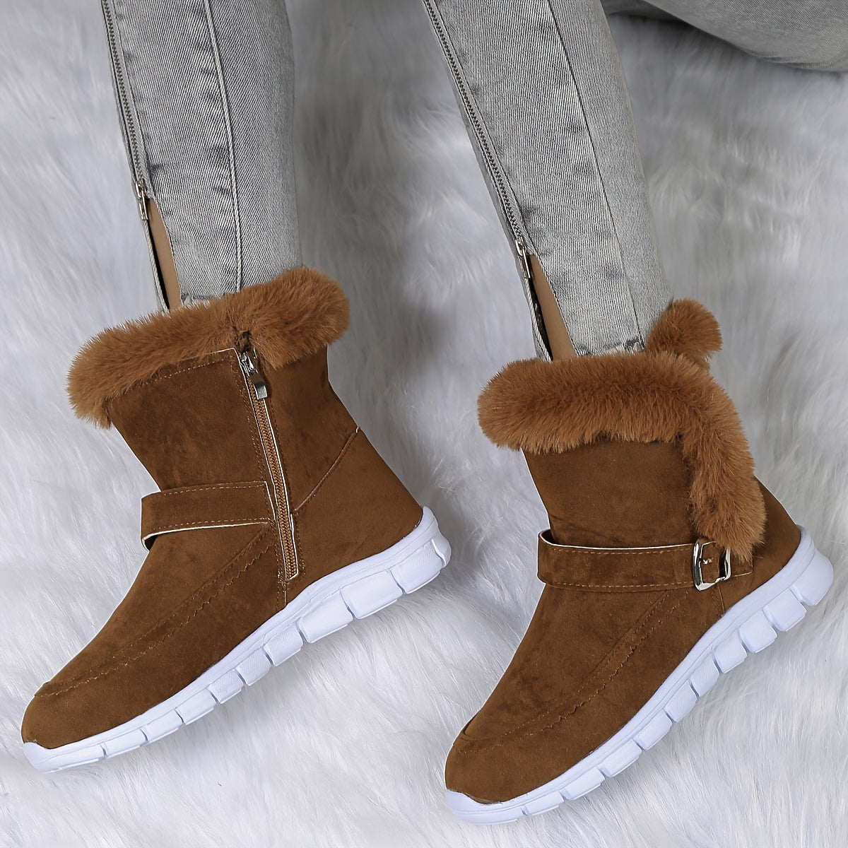 Women's Boots | Ankle Length Faux Fur Trim Buckle Closure
