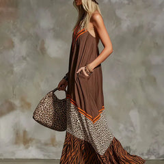 Women's Flowy Maxi Dress | V-Neck Sleeveless Mixed Print