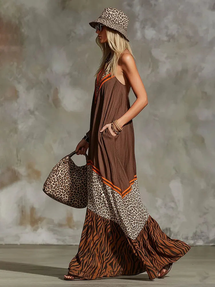 Women's Flowy Maxi Dress | V-Neck Sleeveless Mixed Print