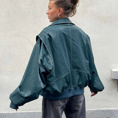 Women's Leather Bomber Coat | Oversized Zip Closure Longline Collar