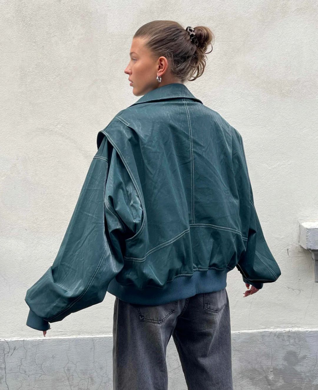 Women's Leather Bomber Coat | Oversized Zip Closure Longline Collar