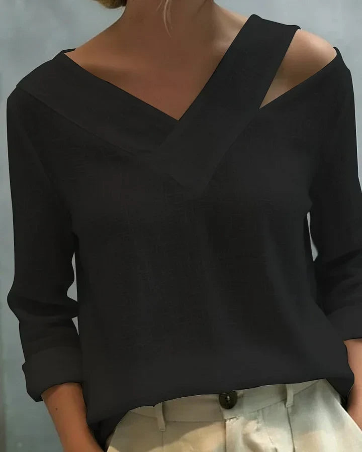 Women's Long Sleeve Top | Off Shoulder V Neck Relaxed Fit