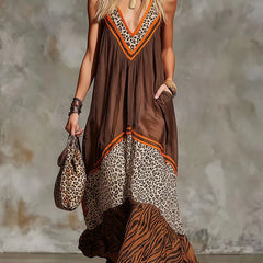 Women's Flowy Maxi Dress | V-Neck Sleeveless Mixed Print