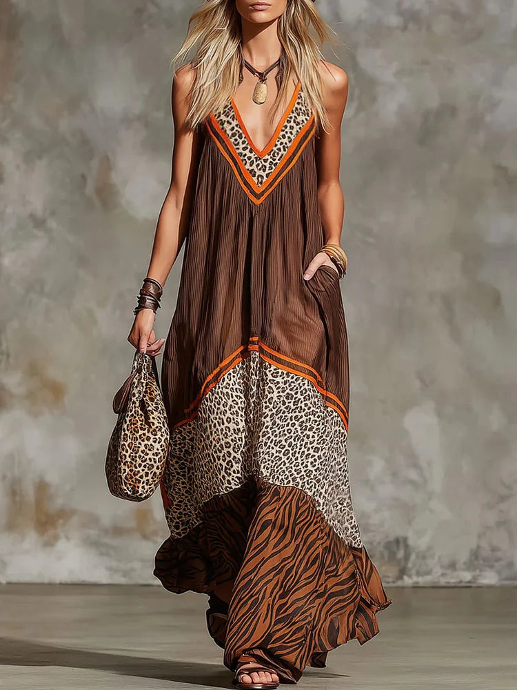 Women's Flowy Maxi Dress | V-Neck Sleeveless Mixed Print