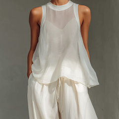 Women's Linen Pants | Wide Leg Drawstring Crew Neck Sleeveless