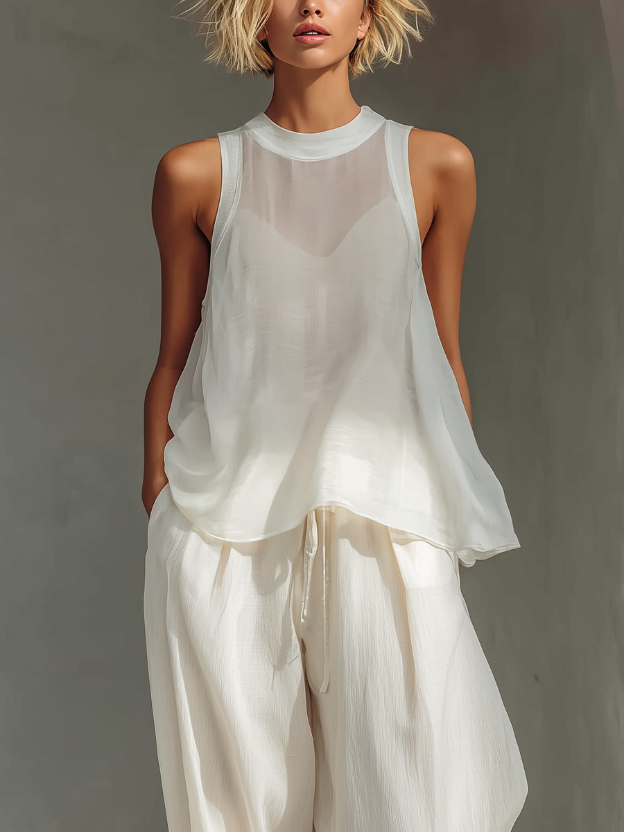 Women's Linen Pants | Wide Leg Drawstring Crew Neck Sleeveless