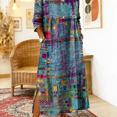Women's Denim Dress | Midi Length Round Neckline Patchwork Print