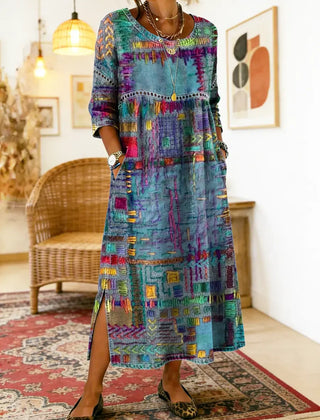 Women's Denim Dress | Midi Length Round Neckline Patchwork Print
