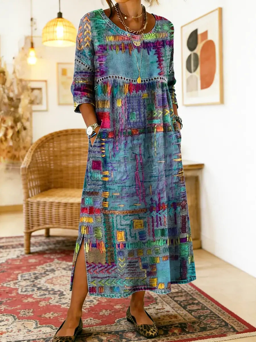 Women's Denim Dress | Midi Length Round Neckline Patchwork Print
