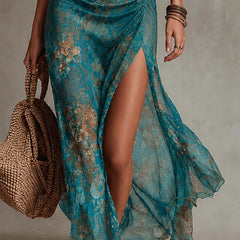 Women's Smocked Dress | Halter Neck Maxi High Slit Mesh