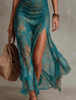Women's Smocked Dress | Halter Neck Maxi High Slit Mesh