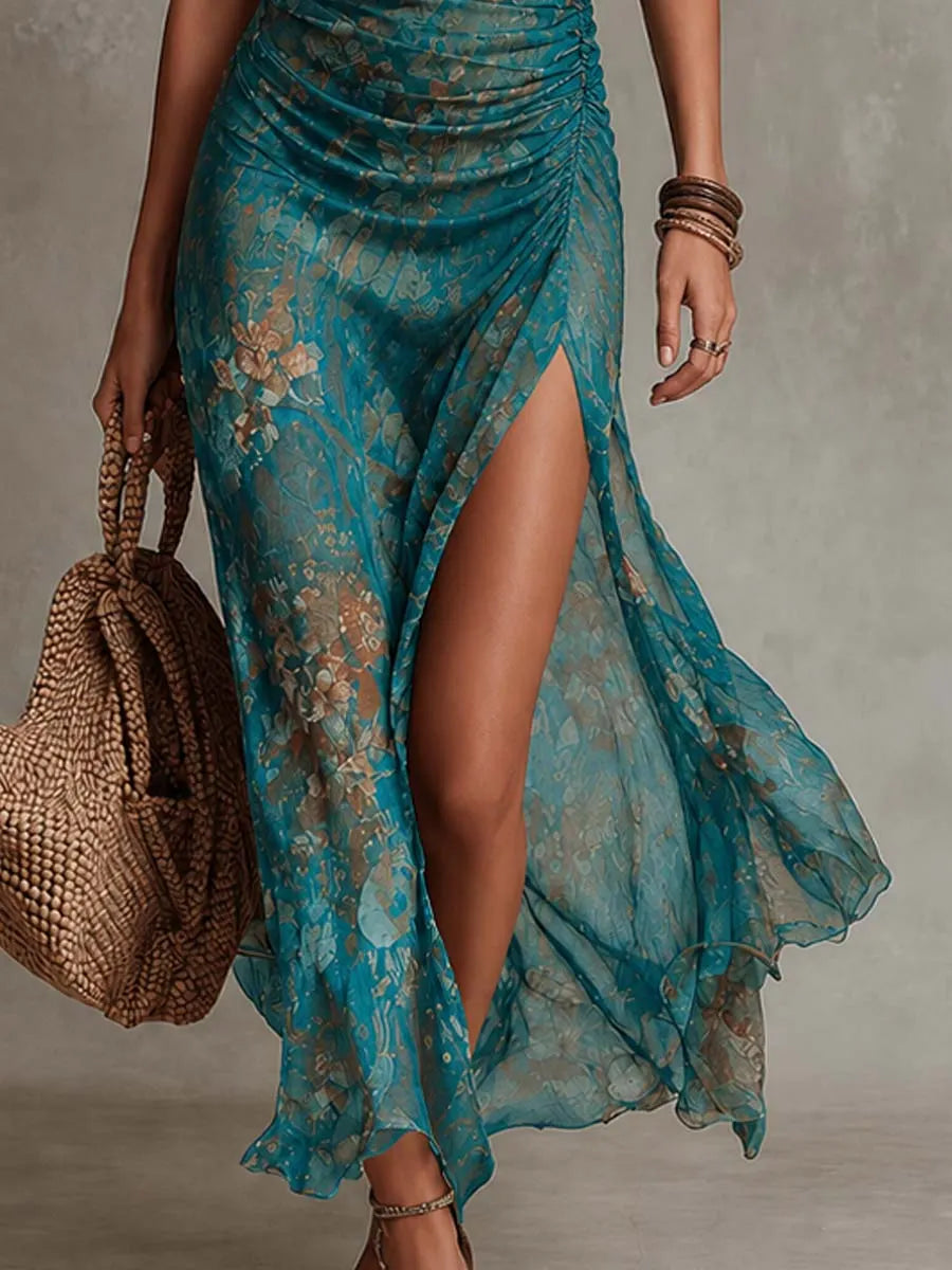 Women's Smocked Dress | Halter Neck Maxi High Slit Mesh